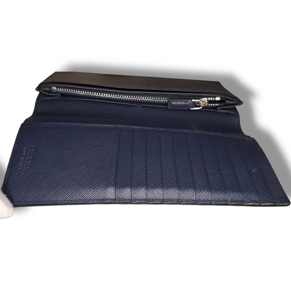 Prada Bicolor Black & Blue Saffiano Leather Long Wallet Sleek Minimalist Design - Picture 12 of 14